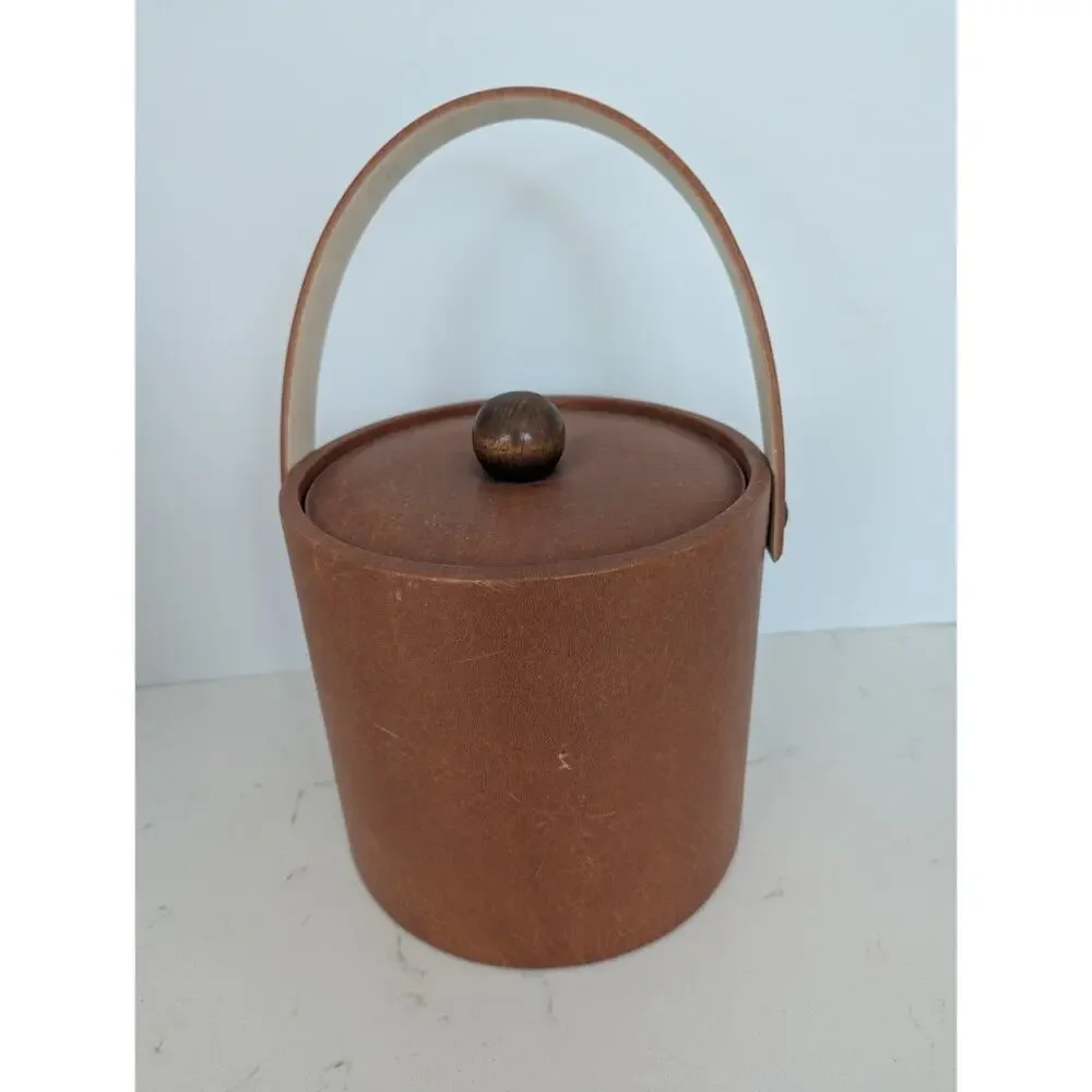 Vtg MCM Brown Faux Leather Ice Bucket Barware Wood Knob Retro 60s 70s